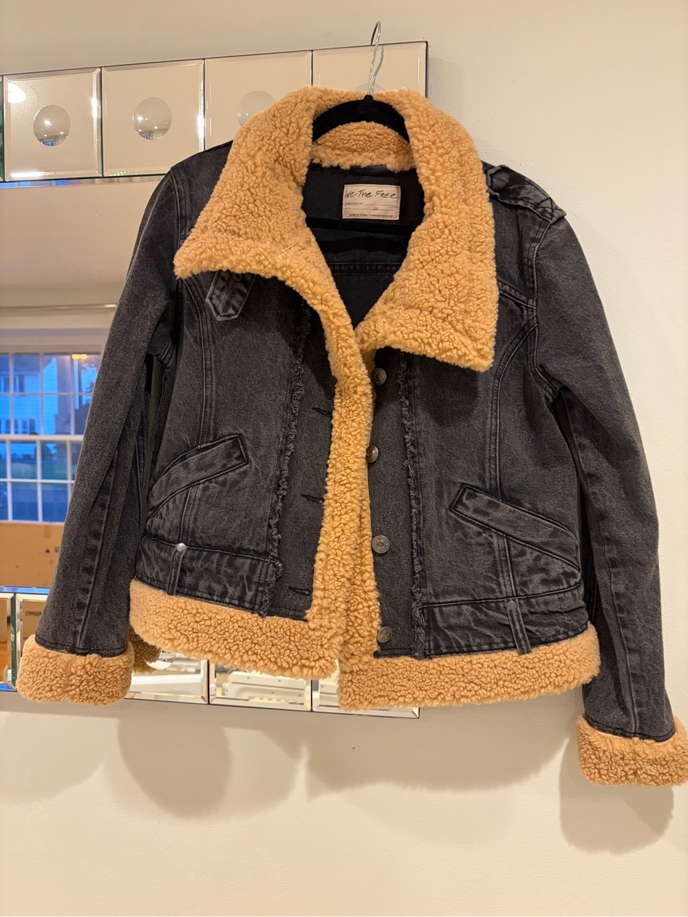 We The Free Rylee Black Denim Jacket with Tan Sherpa Trim Free People XS